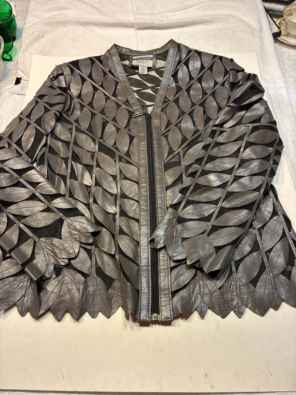 Stillman Studio New York Vintage Genuine Leather Leaf-Appliqué Sheer Mesh Jacket
